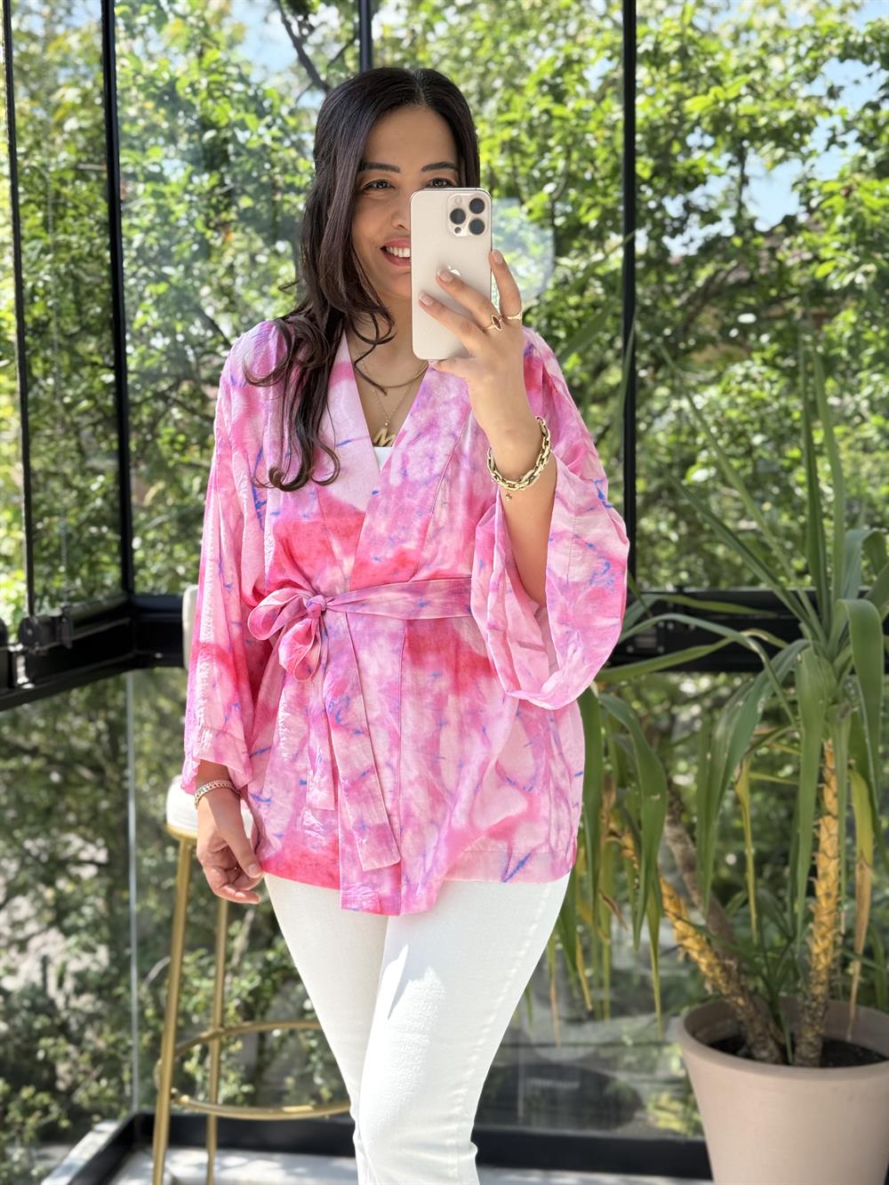 Desenli Kruvaze Yaka Bağlamalı Kimono Pembe
