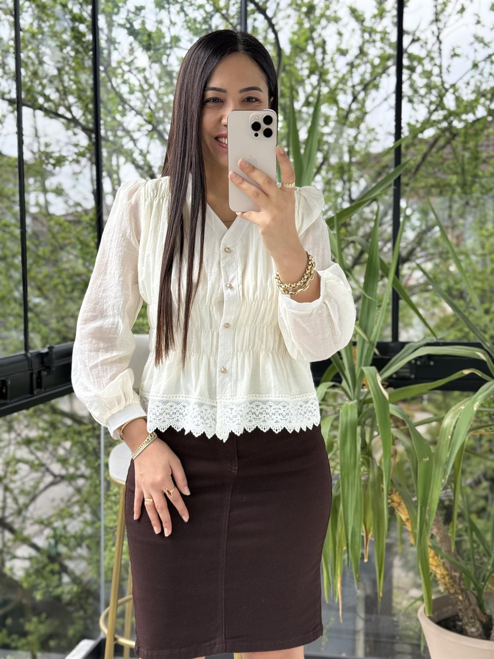 Dantel Rüya Gömlek Bluz Krem