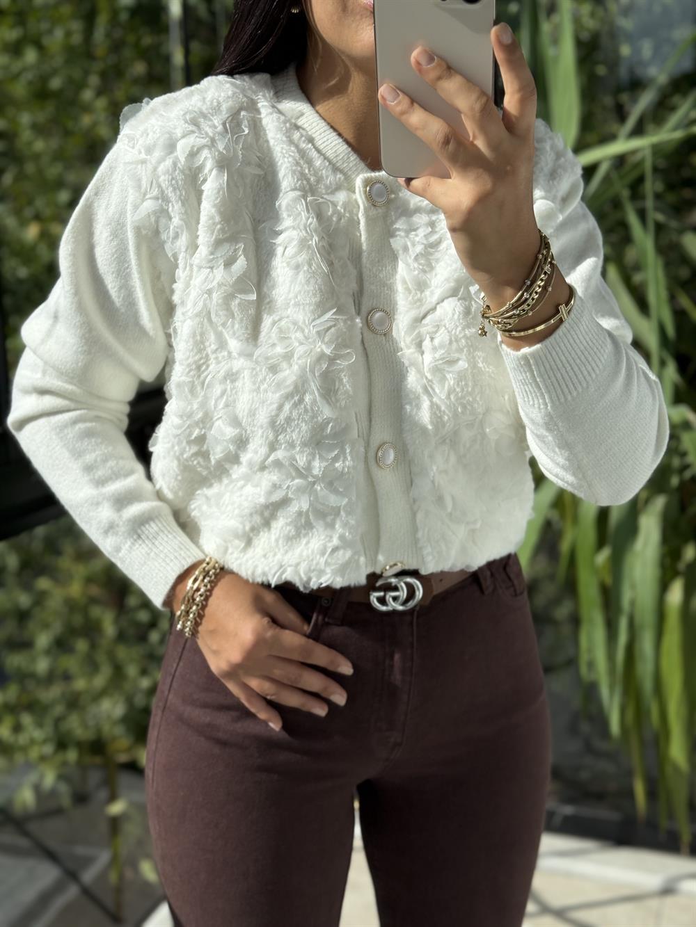 İthal Dokuma Kumaş Tül Detaylı Hırka Ekru