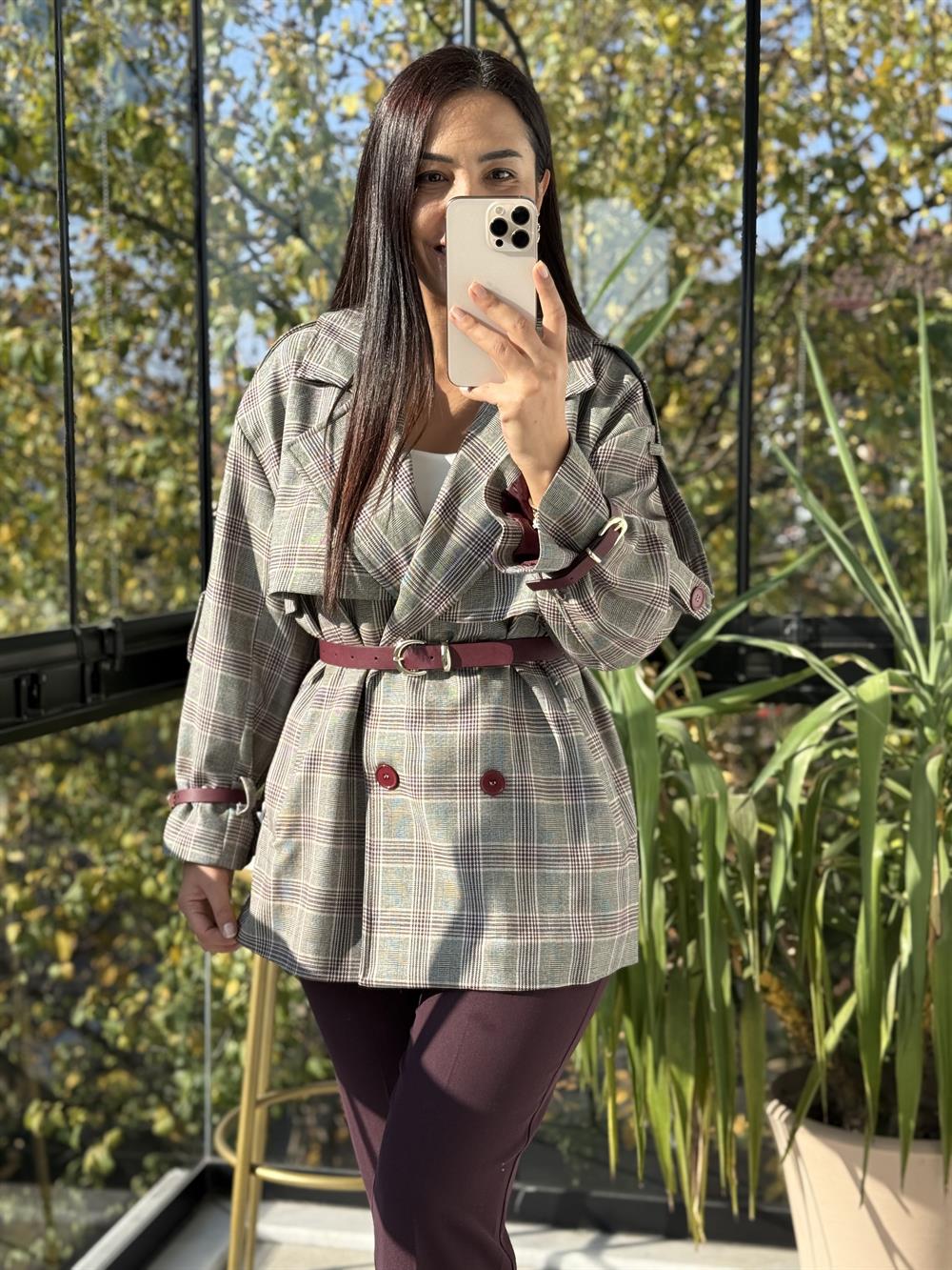 Ekose Kemerli Trenç Bordo