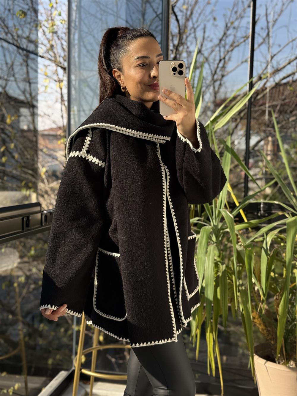 Şal Yaka Kaşe Kimono Ceket Siyah