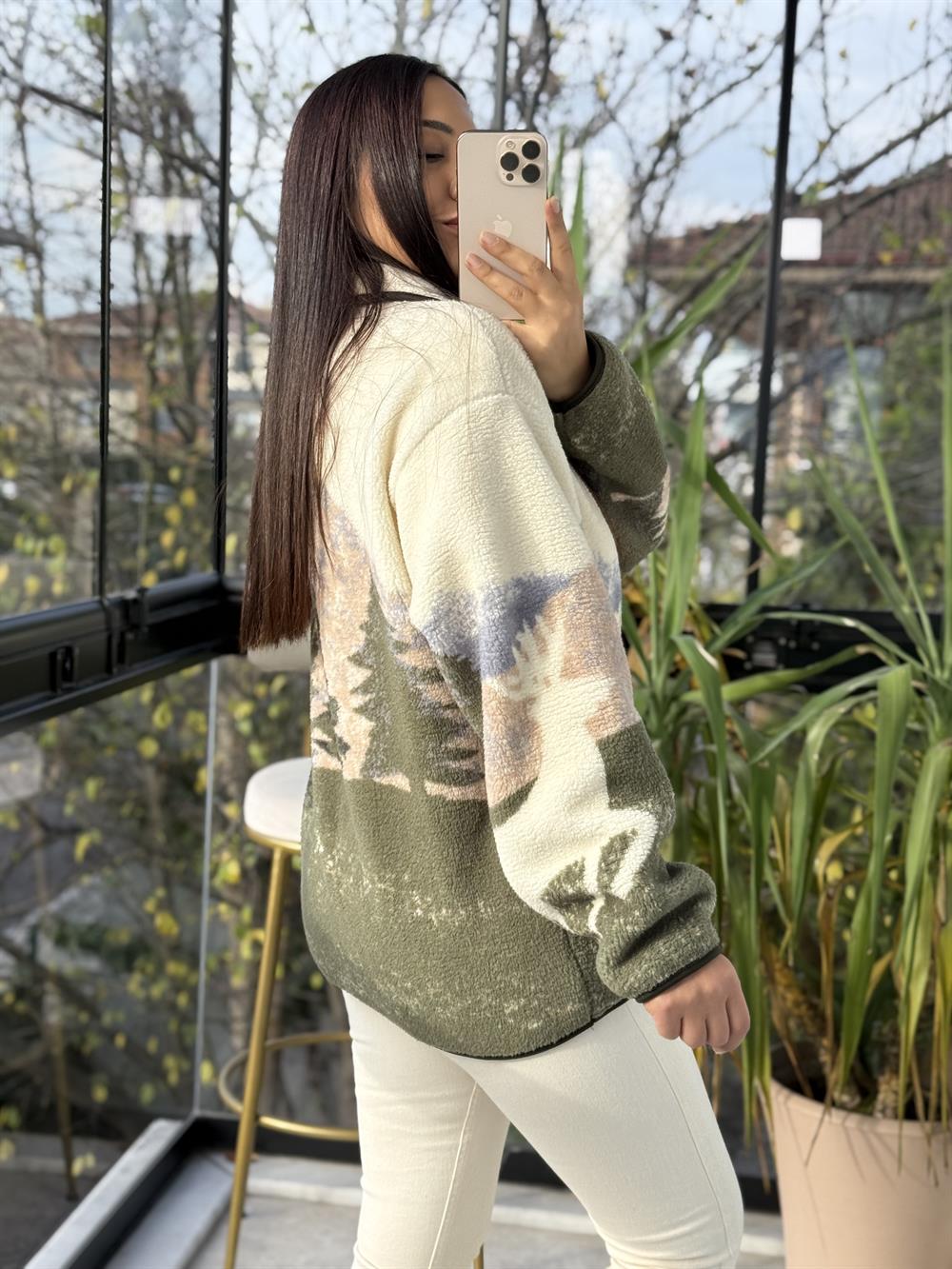 Desenli Yarım Fermuarlı Polar Sweat Yeşil