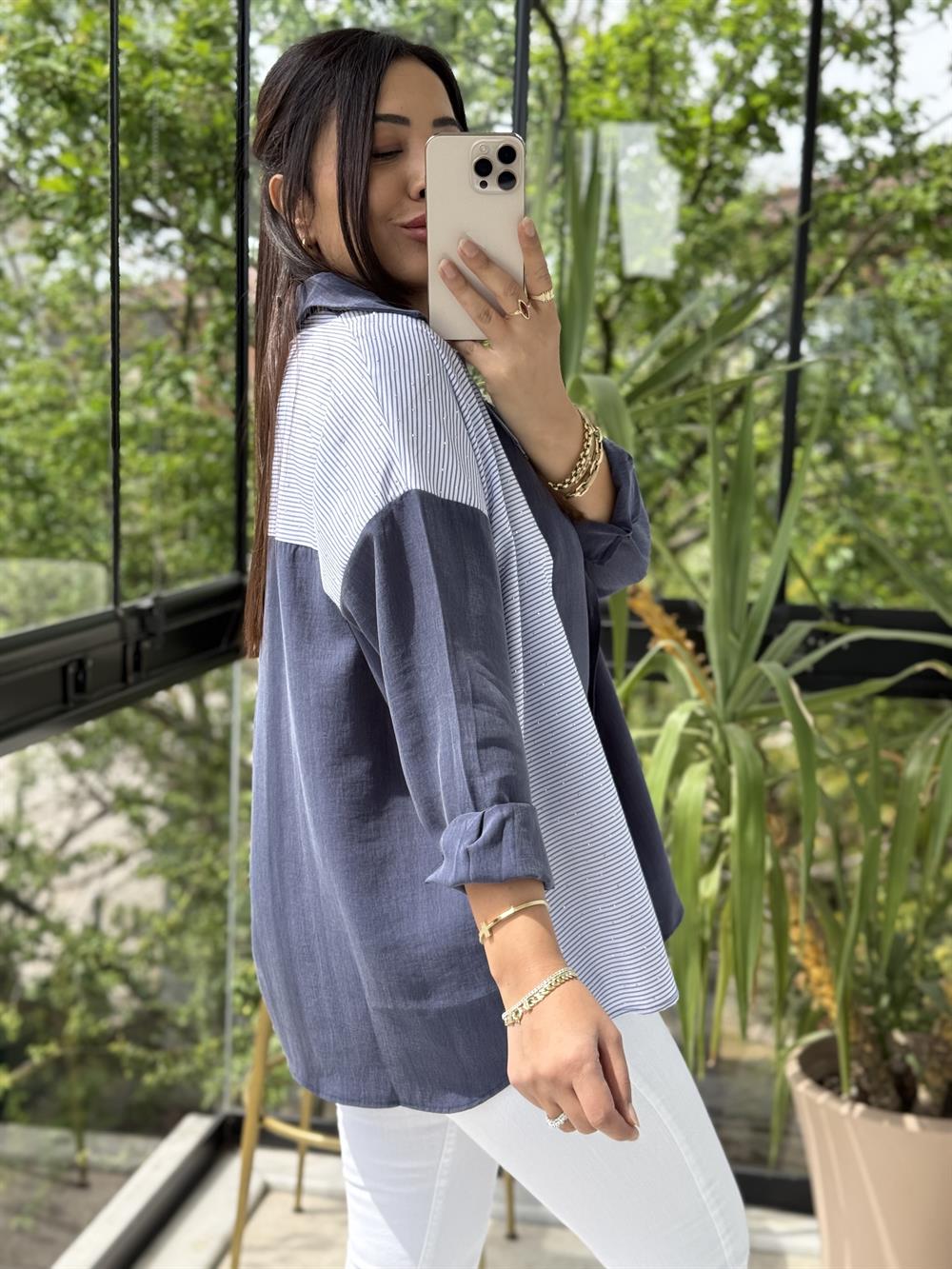 Mix Kumaş Taşlı Gömlek Lacivert