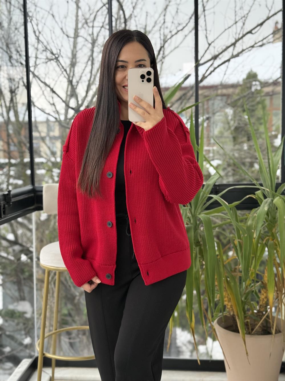 Düğmeli Selanik Örgü Ceket Hırka Kırmızı