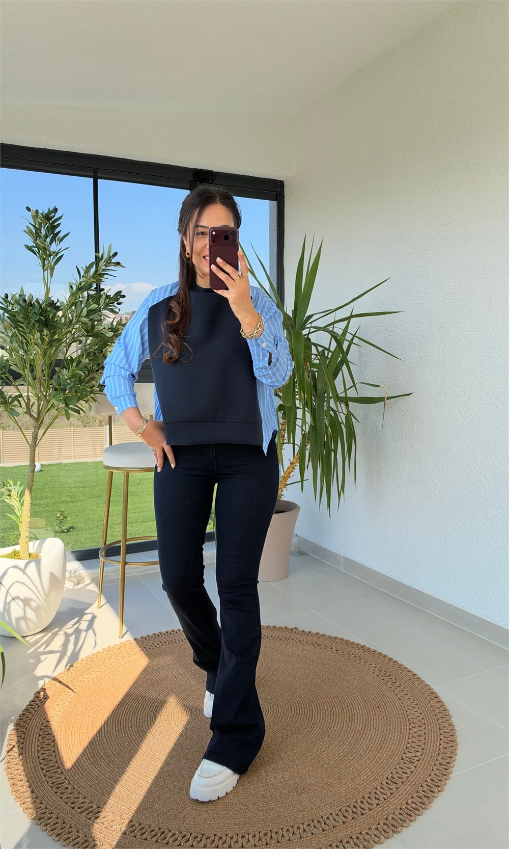 Kolu Ve Arkası Çizgili Poplin Modal Sweatshirt Lacivert