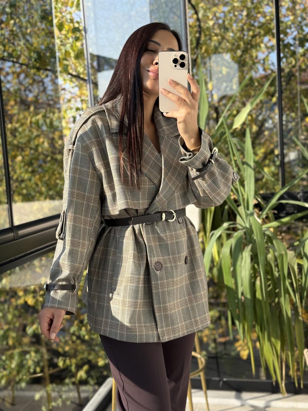 Ekose Kemerli Trenç Kahve