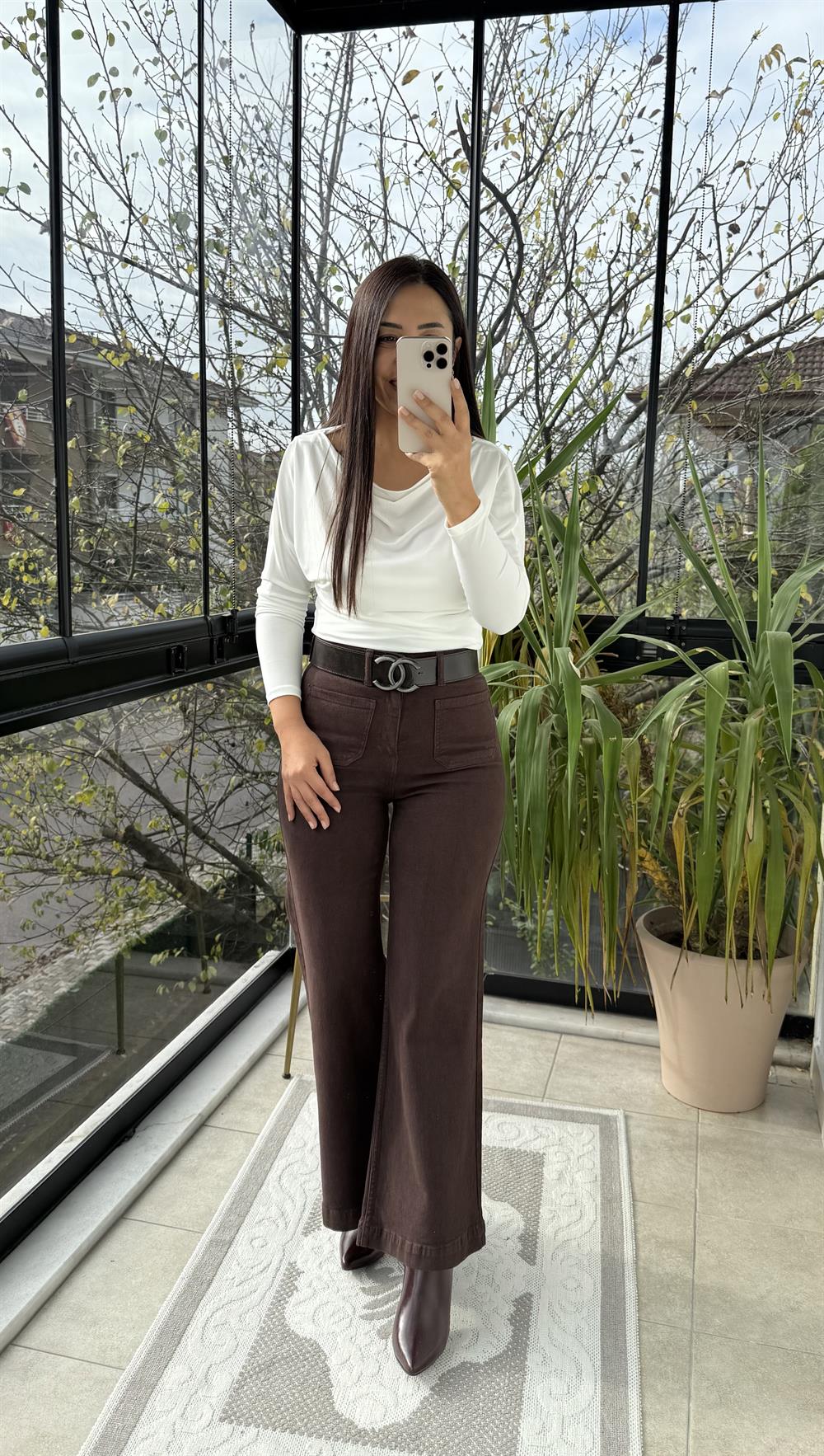 Ön Cep Detaylı Palazzo Jean Kahve