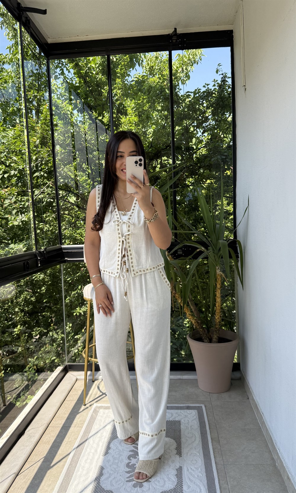 Bohem Dokulu Yelekli Takım Natural