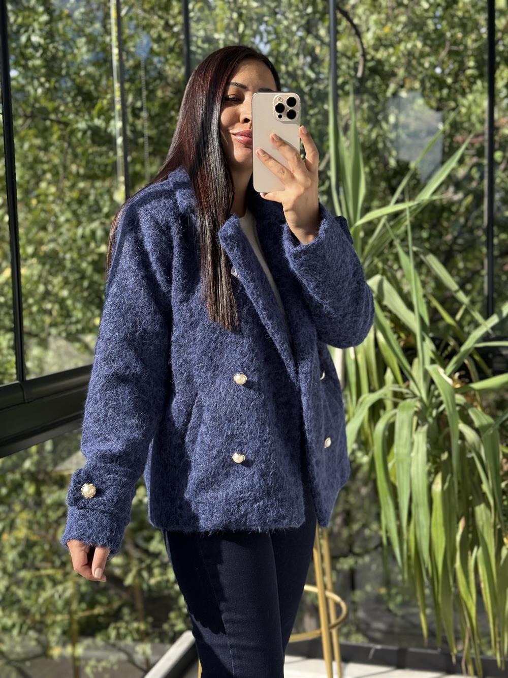 Gold Düğmeli Yün Kaban Ceket Lacivert