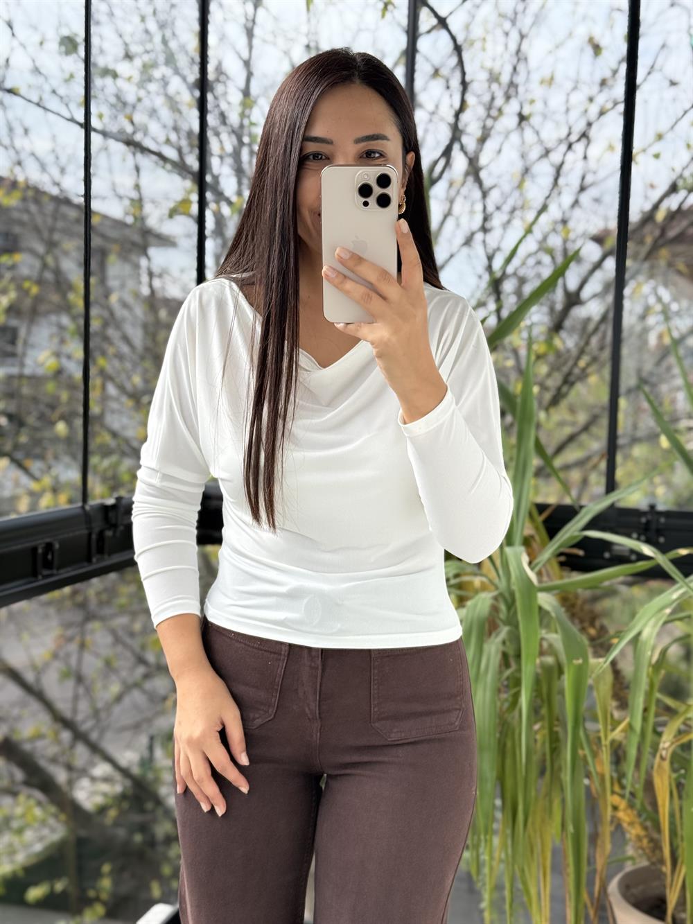 Sandy Kayık Yaka Bluz Beyaz