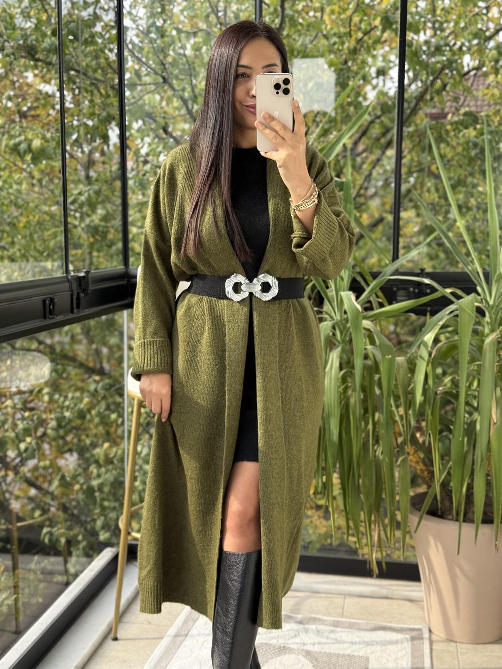 Şal Yaka Uzun Hırka Yeşil