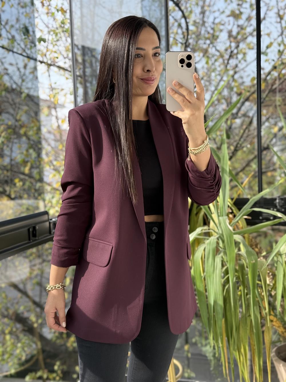 Kolu Büzgülü Blazer Ceket Mürdüm