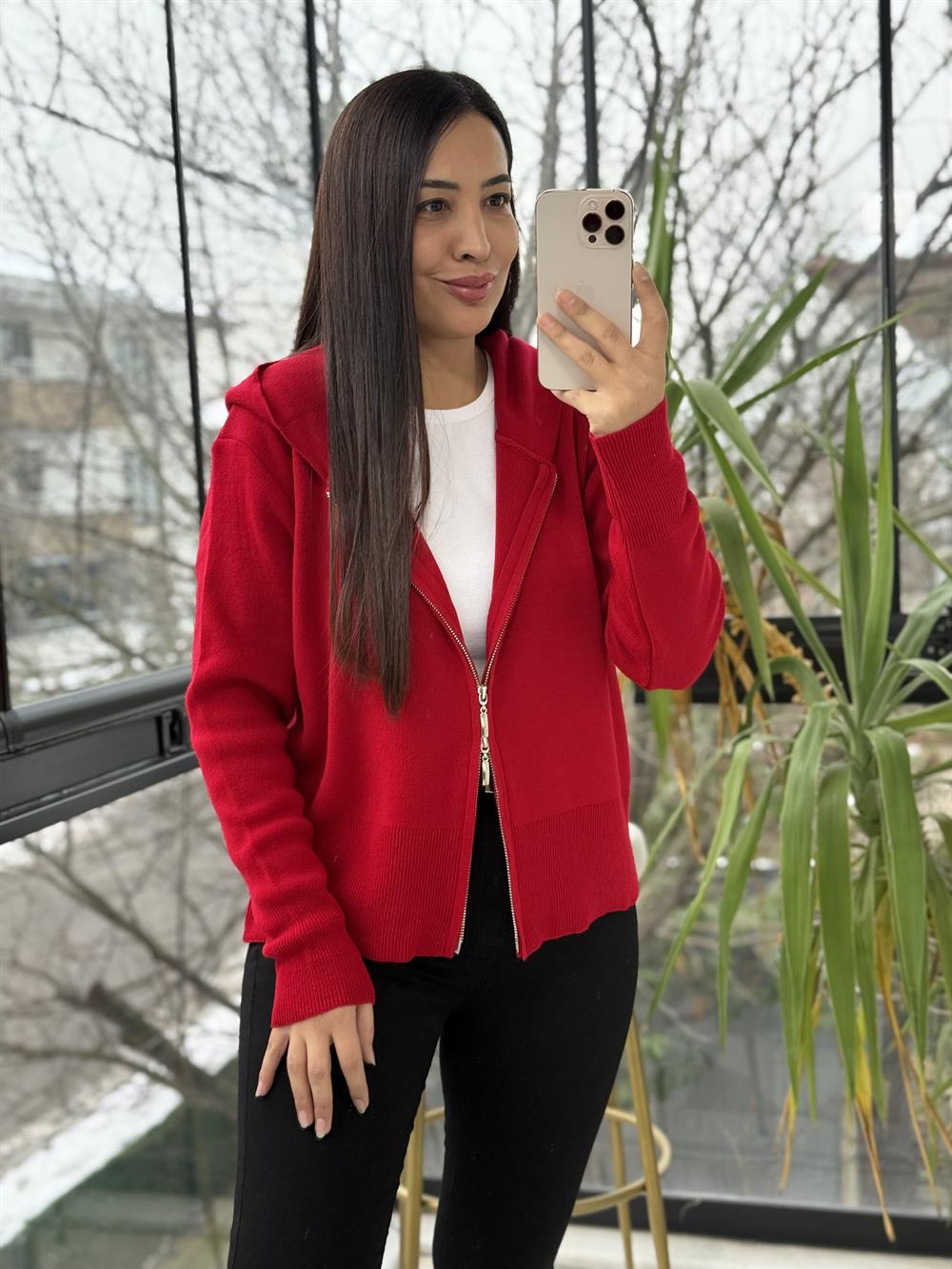 Çift Fermuarlı Kapüşonlu Yumoş Basic Hırka Kırmızı