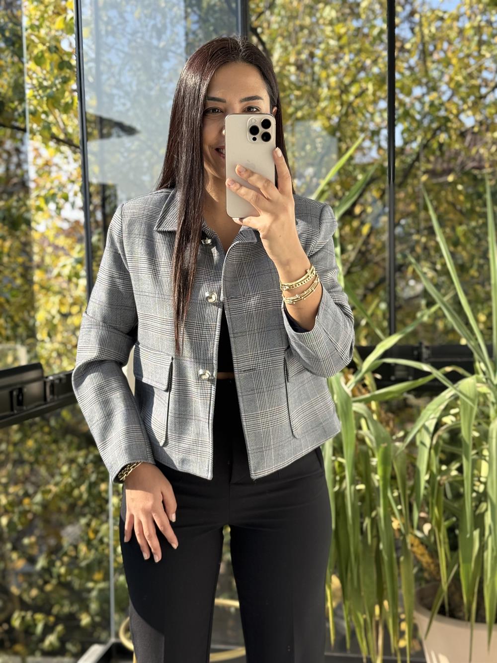 Ekose Top Düğme Crop Ceket Lacivert