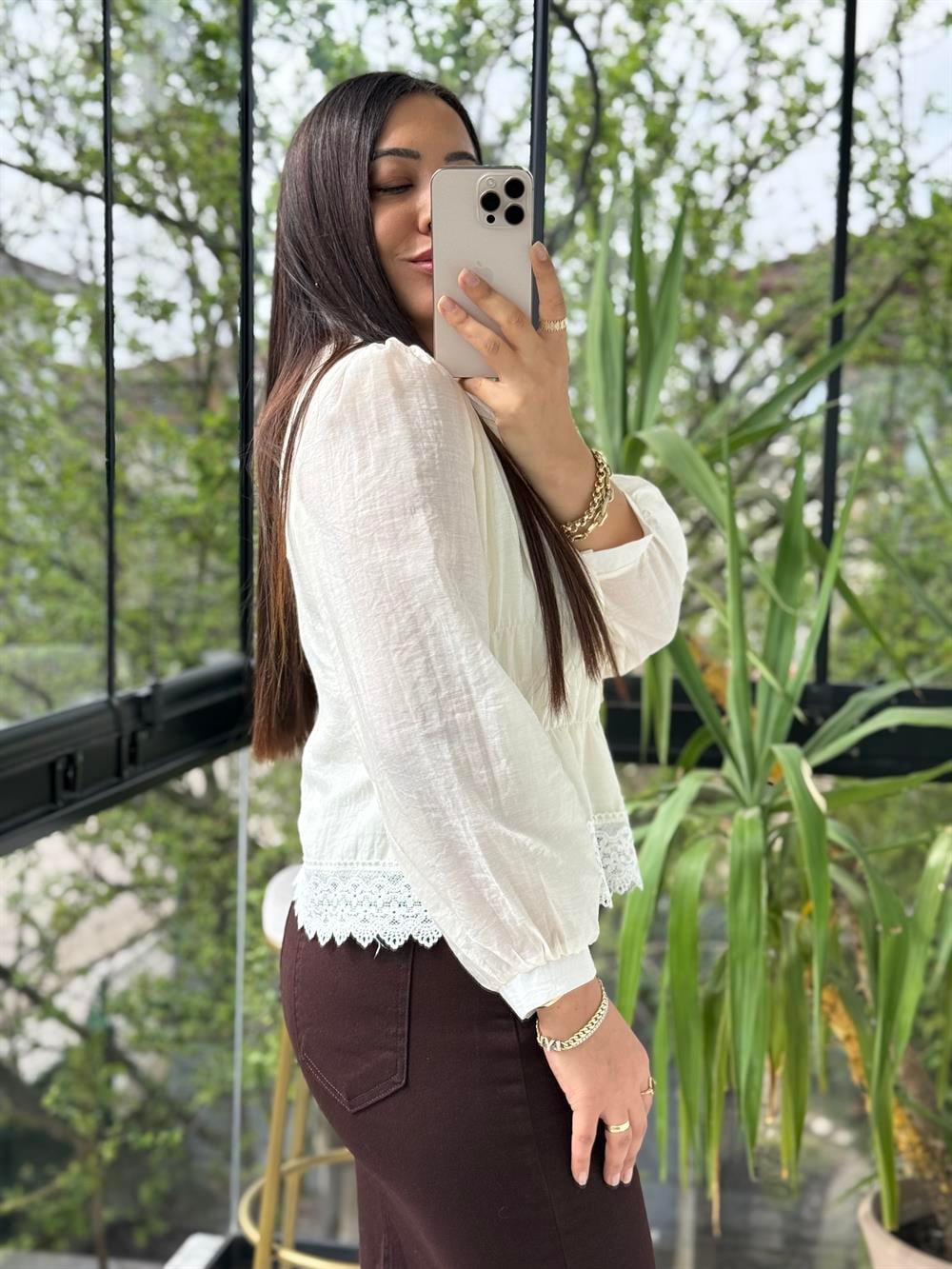 Dantel Rüya Gömlek Bluz Krem