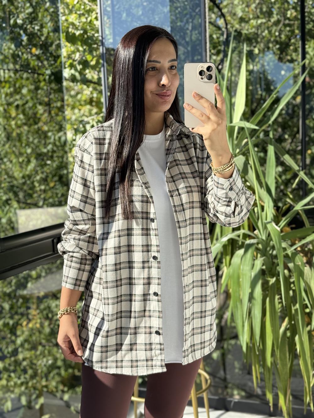 Ekoseli Oversize Gömlek Bej