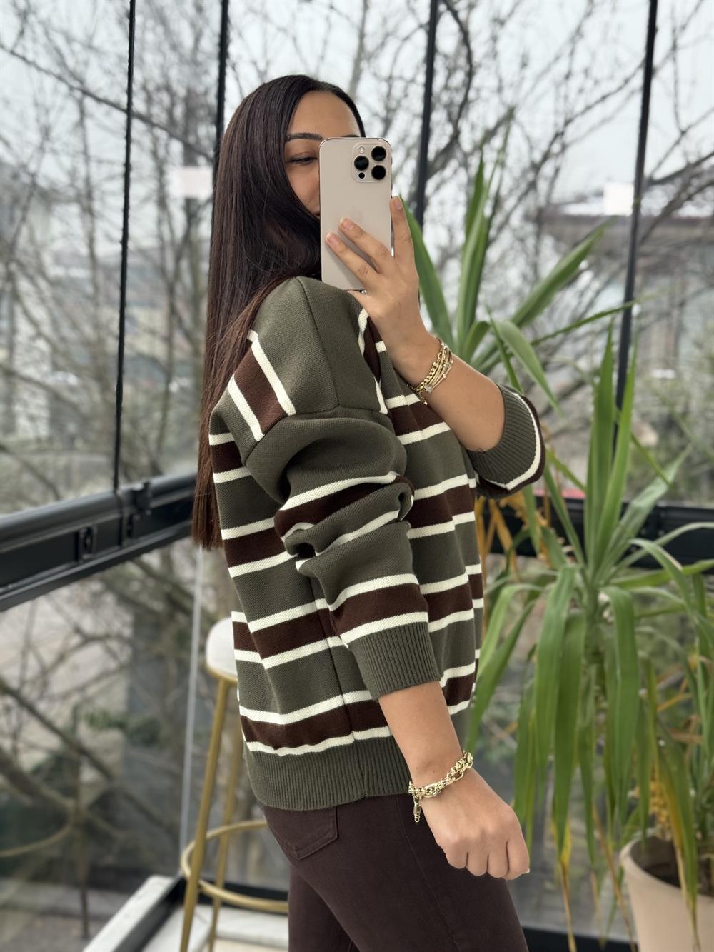 Polo Yaka Çizgili Triko Kazak Haki Yeşili