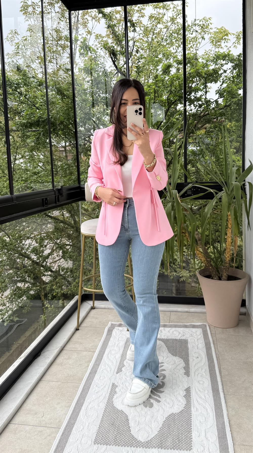 Yanı Bağcıklı Slim Blazer Ceket Pembe