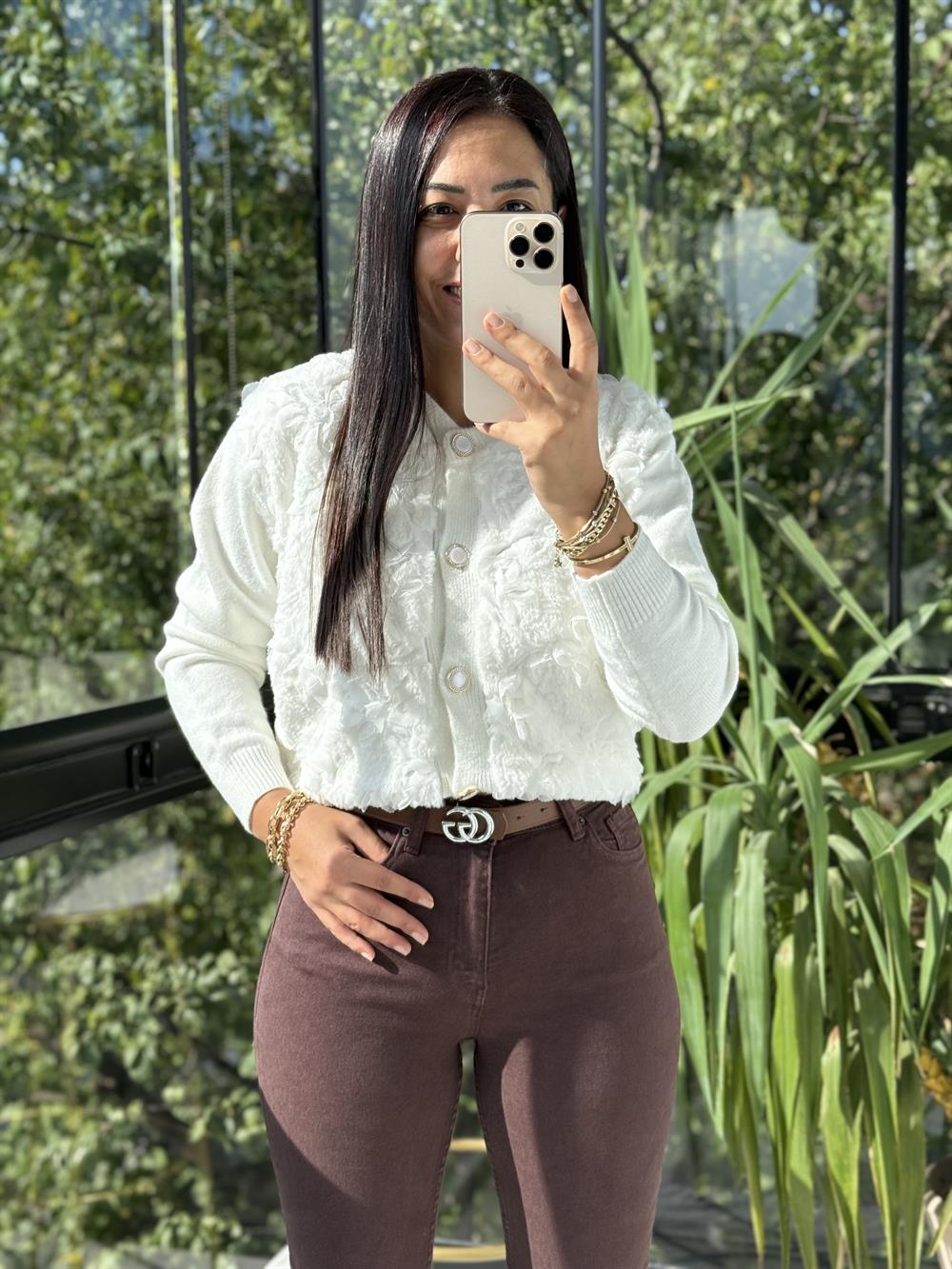 İthal Dokuma Kumaş Tül Detaylı Hırka Ekru