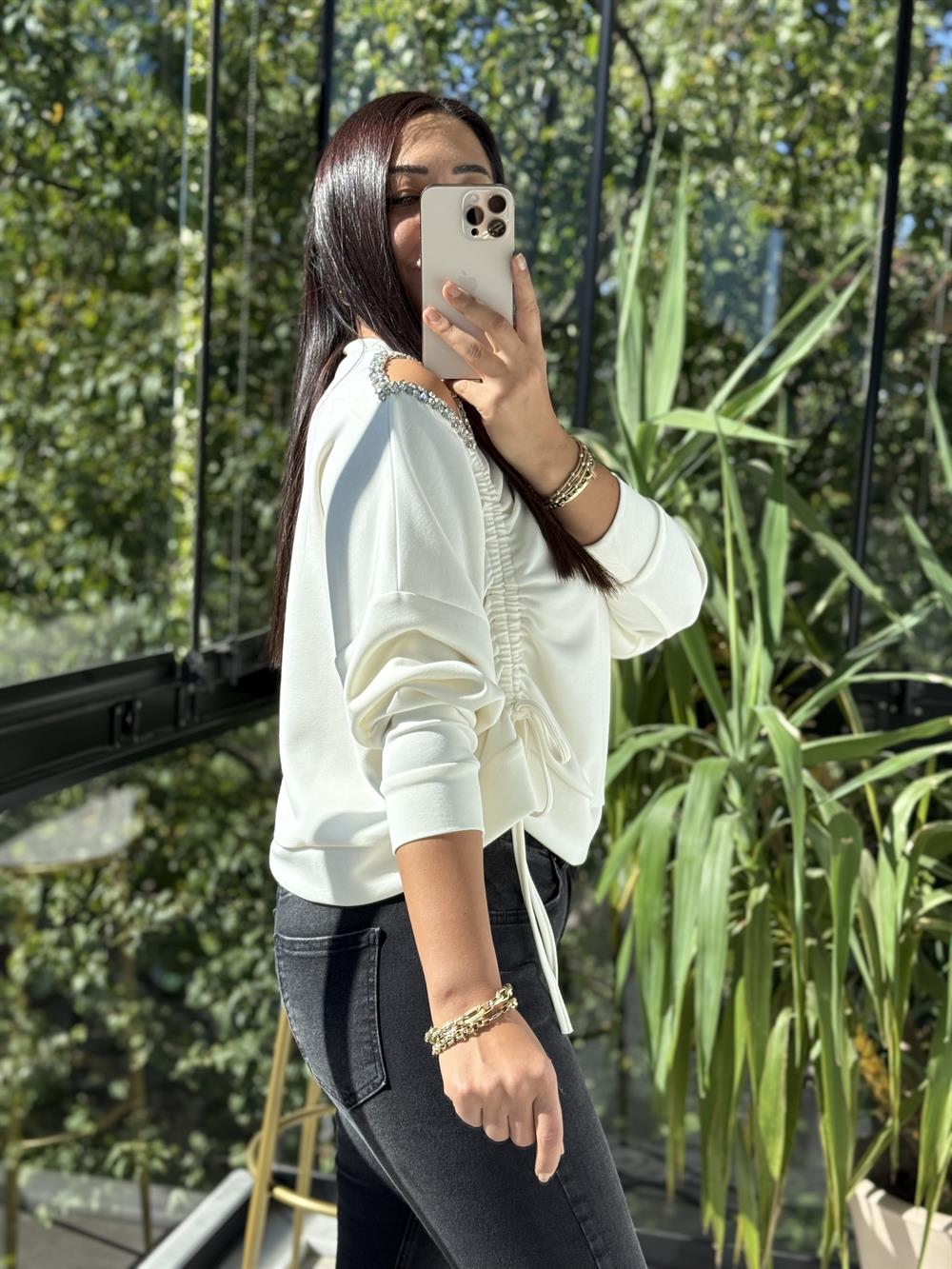 Taş Detay Kordonlu Modal Sweatshirt Ekru