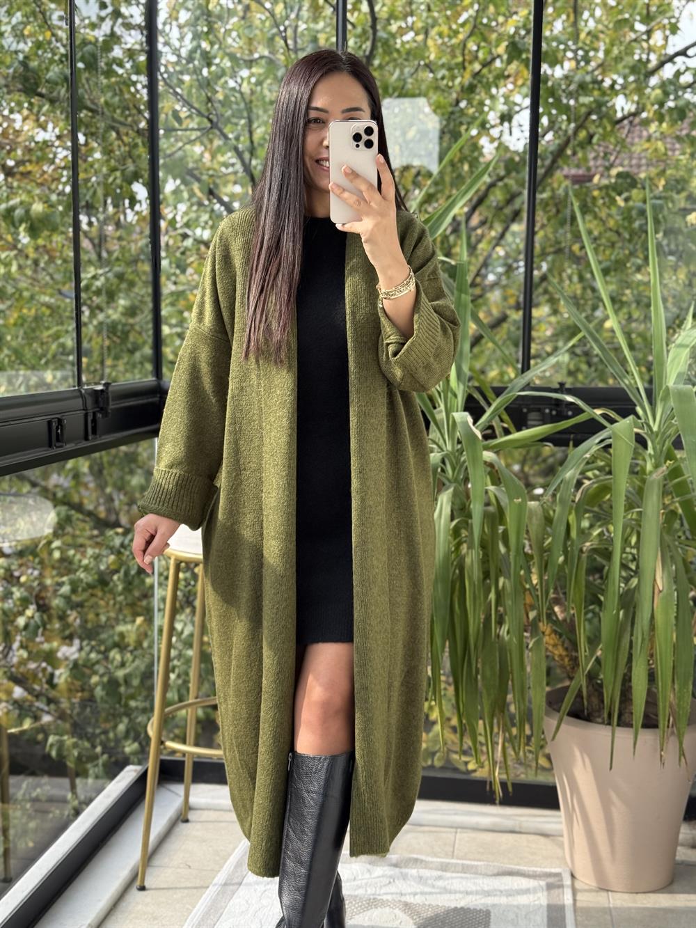 Şal Yaka Uzun Hırka Yeşil