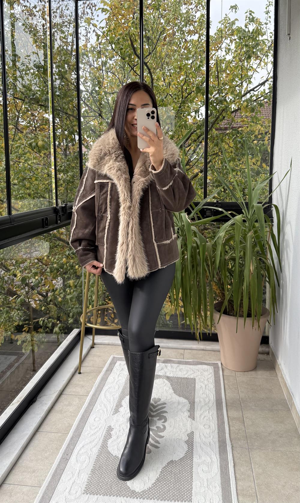 Kürk Detaylı Nubuk Mont Koyu Kahve