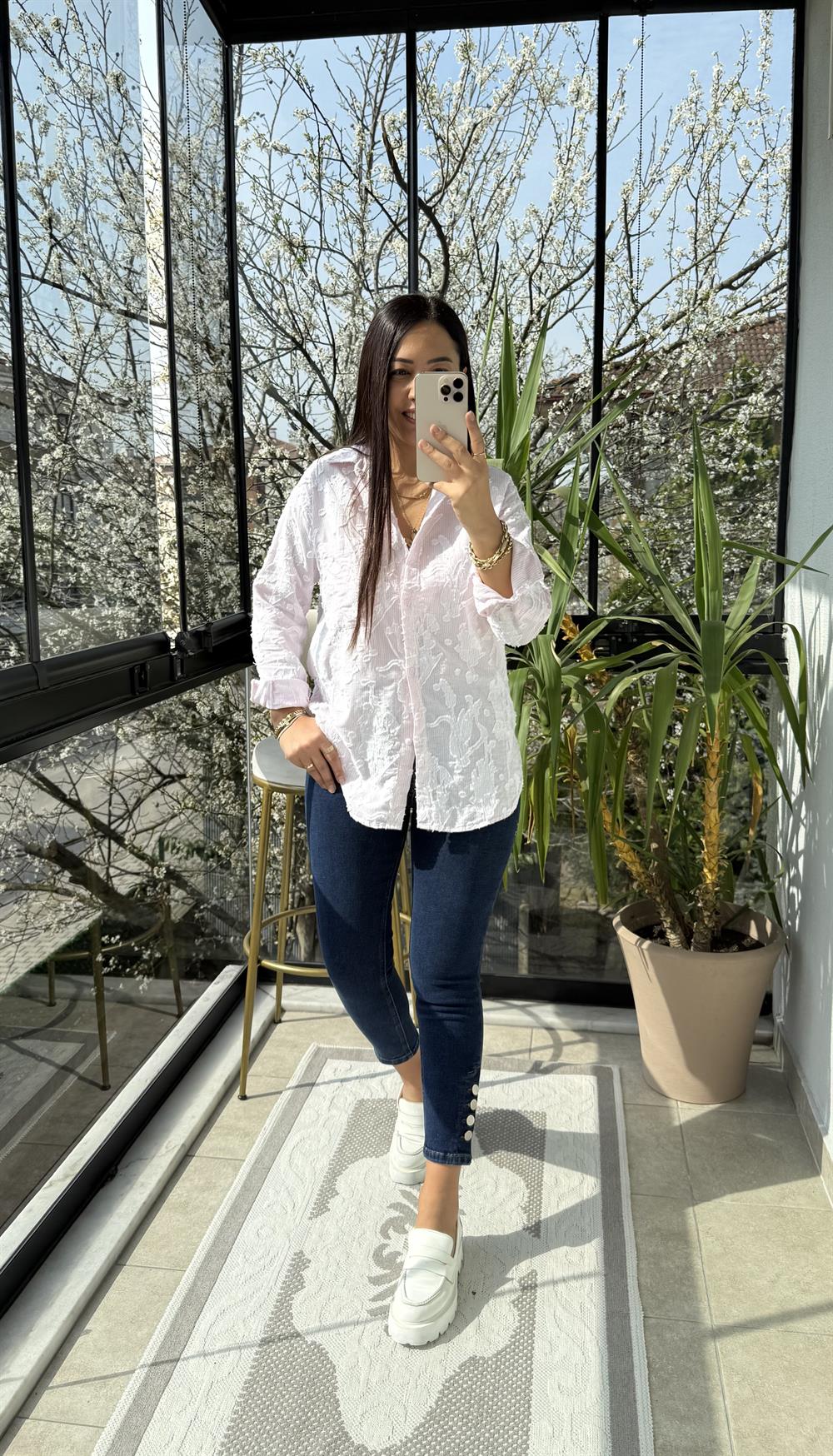 Kabartmalı Çizgili Pamuklu Gömlek Pembe