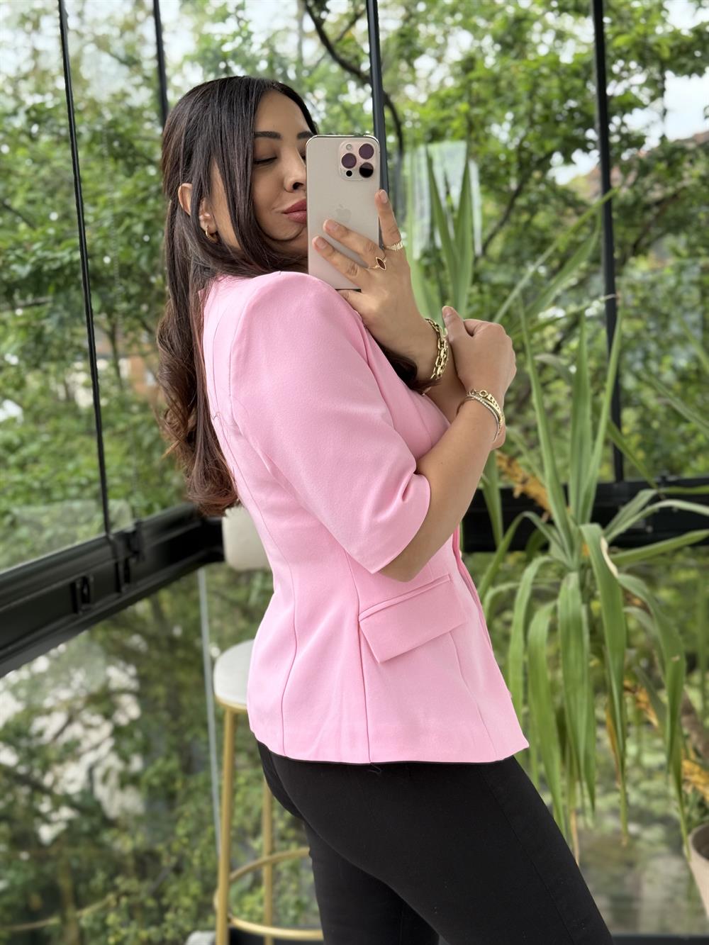 Slimfit Mini Gold Düğme Kısa Kol Blazer Pembe