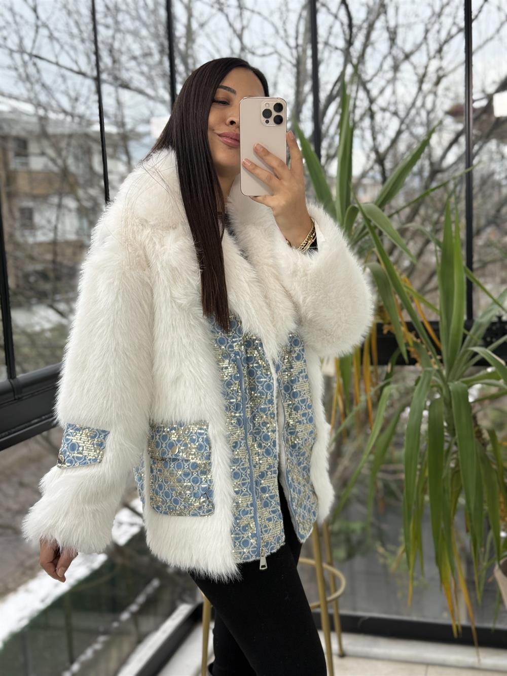 İthal Kruvaze Fermuarlı Payetli Kürk Beyaz