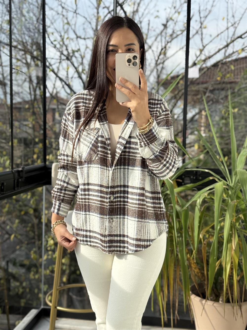 Taşlı Ekose Gömlek Kahve