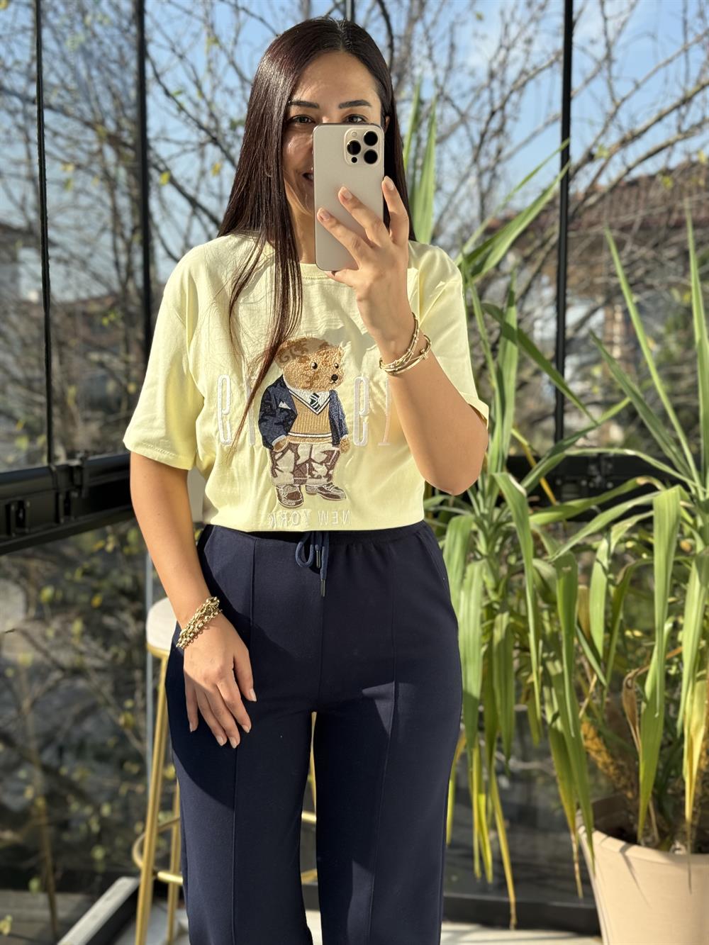 Newyork Yazılı İşlemeli Basic Tişört Sarı