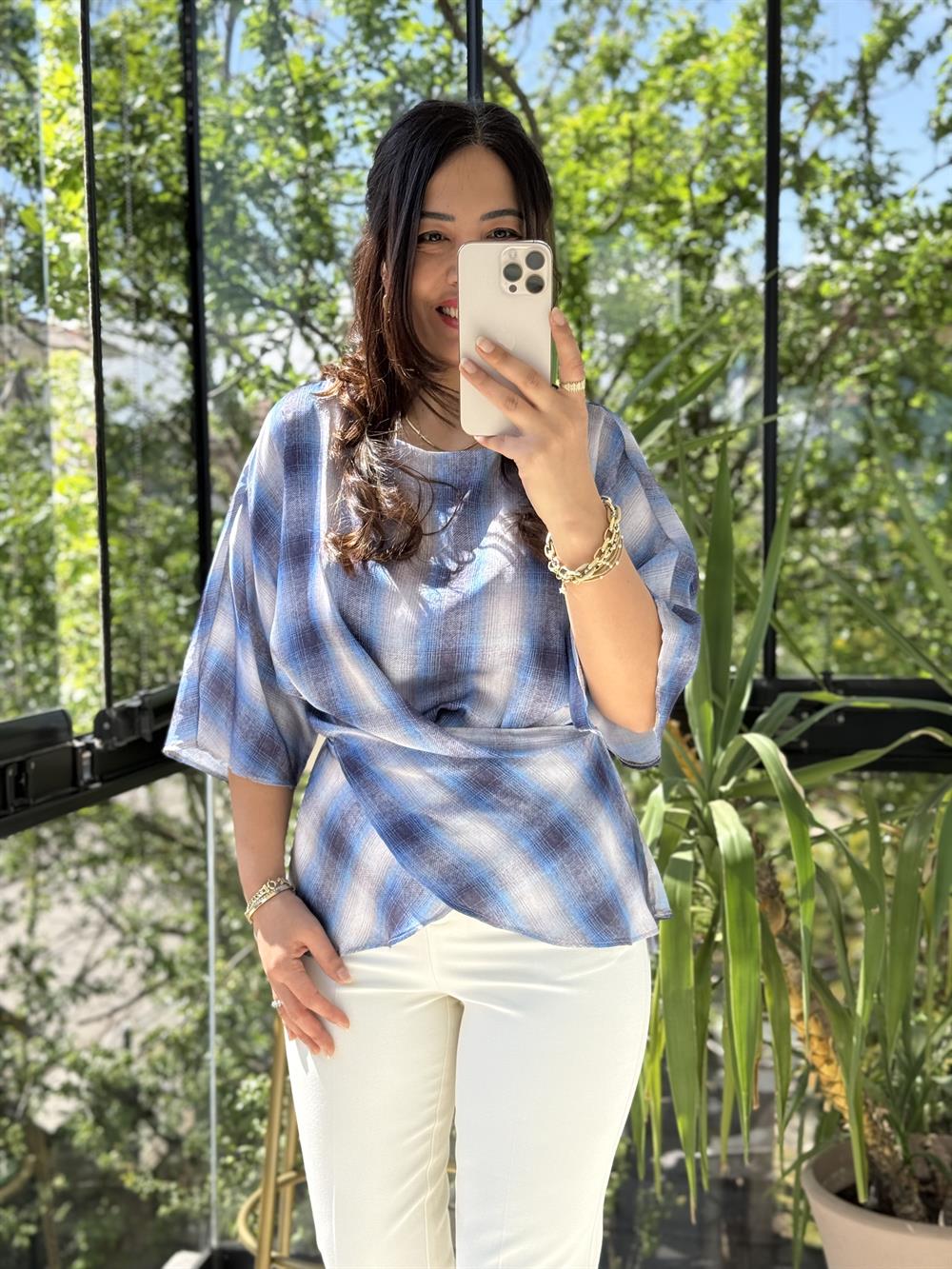 Bağcıklı Ekose Saten Bluz Mavi