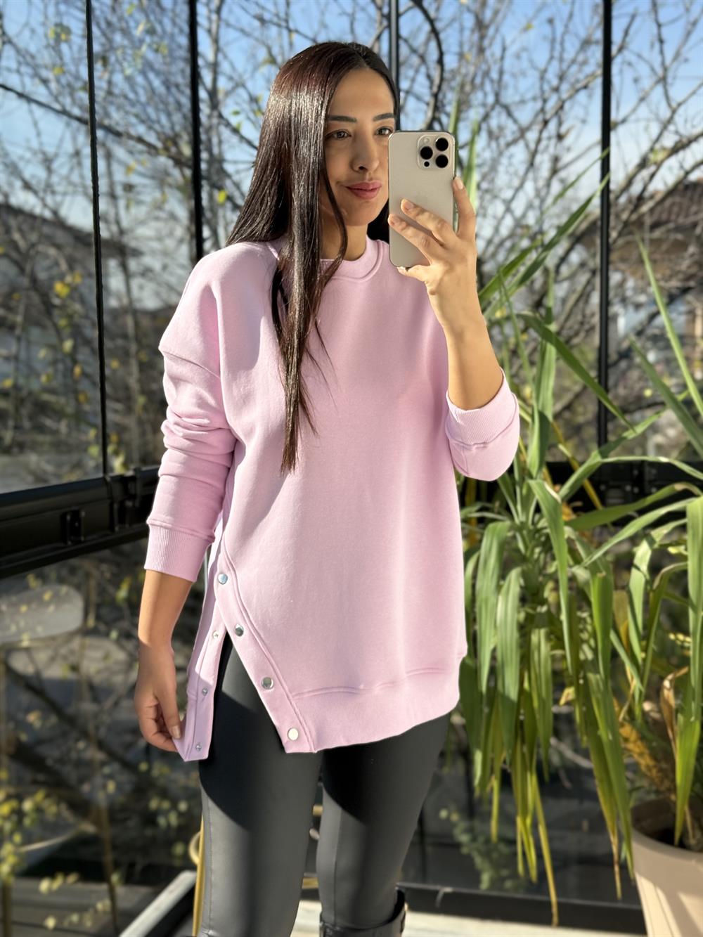 Yanı Çıtçıtlı Sweatshirt Pembe