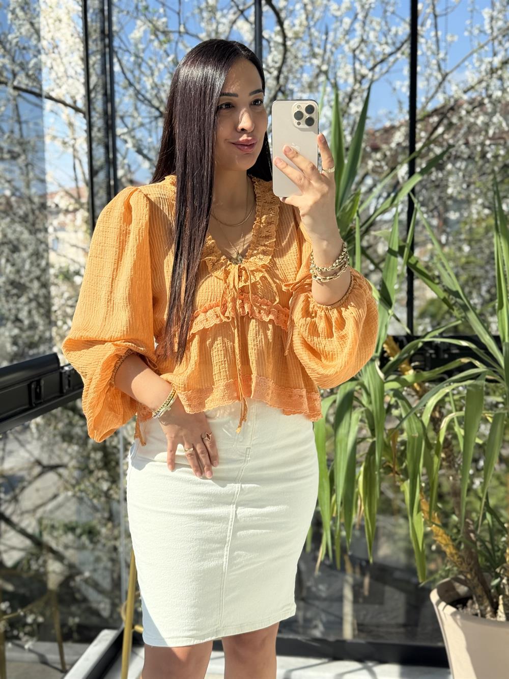 Dantelli Uzun Kol Bluz Turuncu