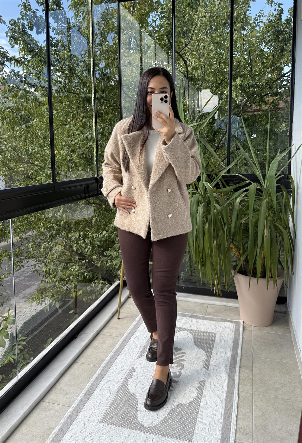 Gold Düğmeli Yün Kaban Ceket Bisküvi Kahvesi