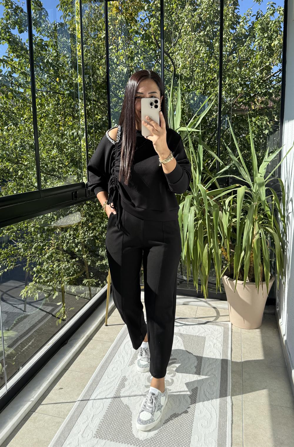 Taş Detay Kordonlu Modal Sweatshirt Siyah