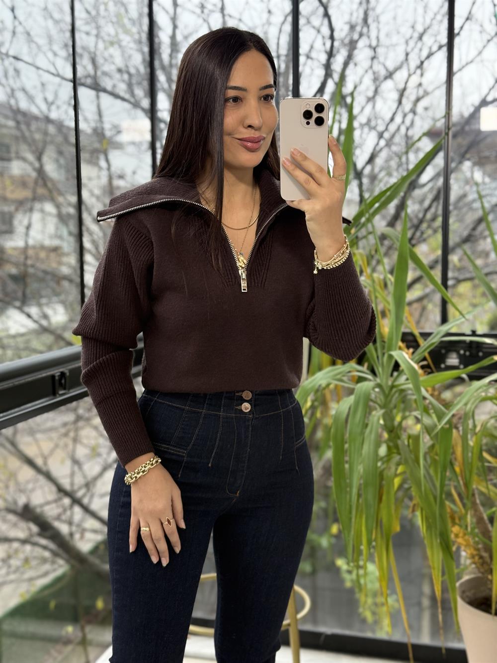 Fermuarlı Crop Triko Kazak Kahve