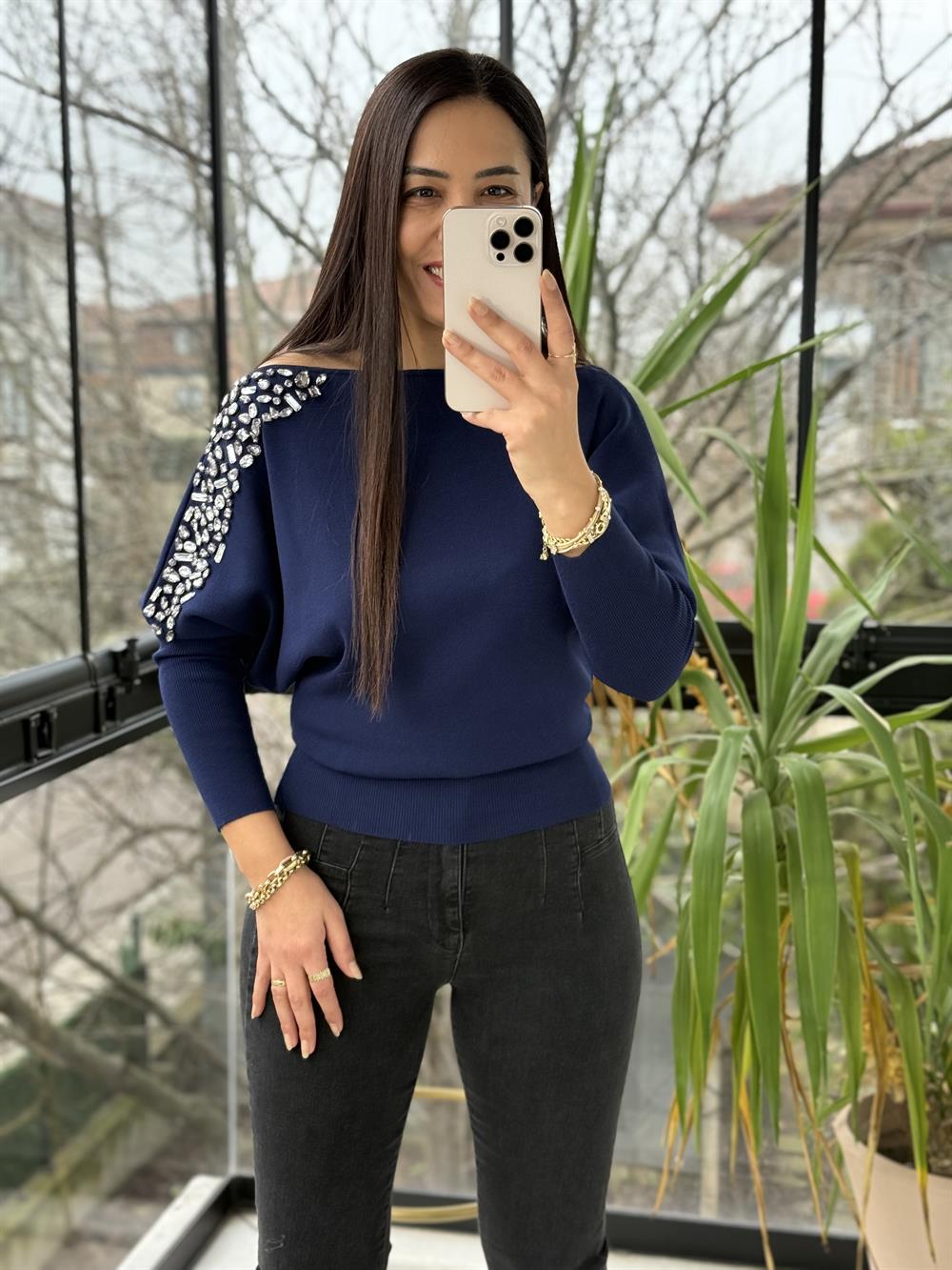 Taş İşlemeli Tek Omuz Triko Kazak Lacivert