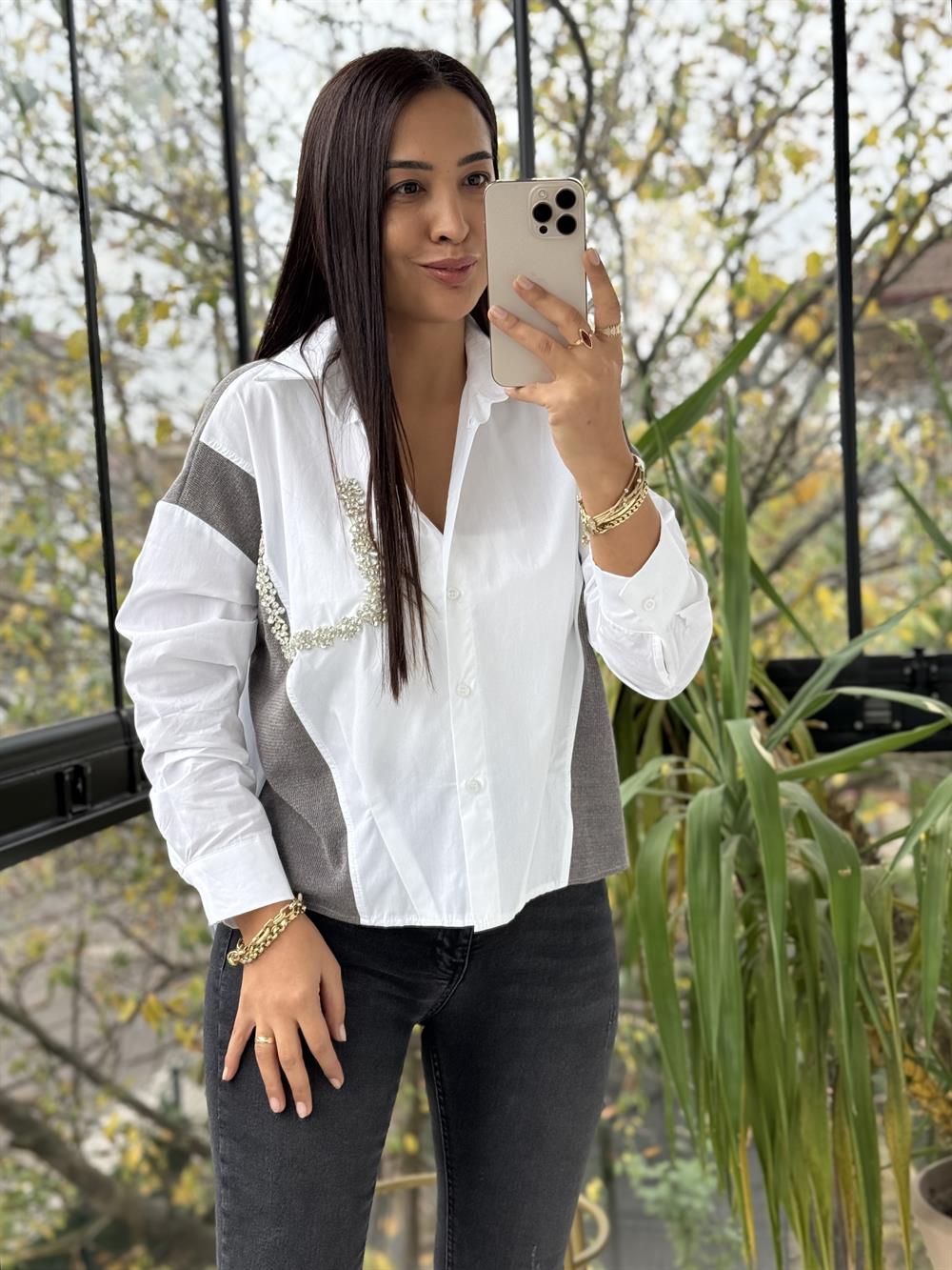 Triko Poplin Taş Detaylı Gömlek Beyaz