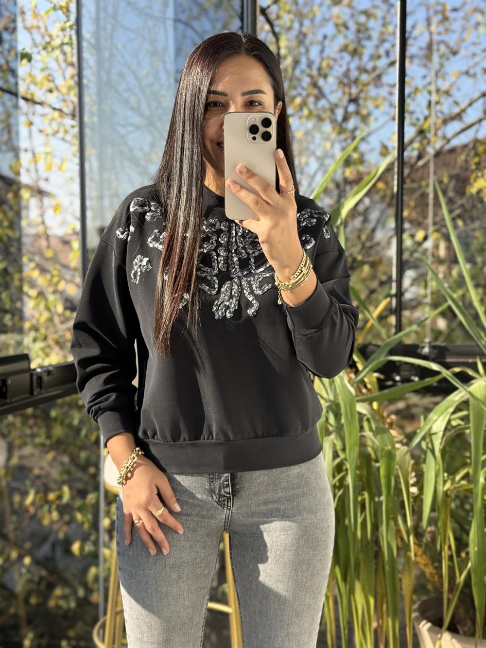 Payetli Modal Sweatshirt Antrasit