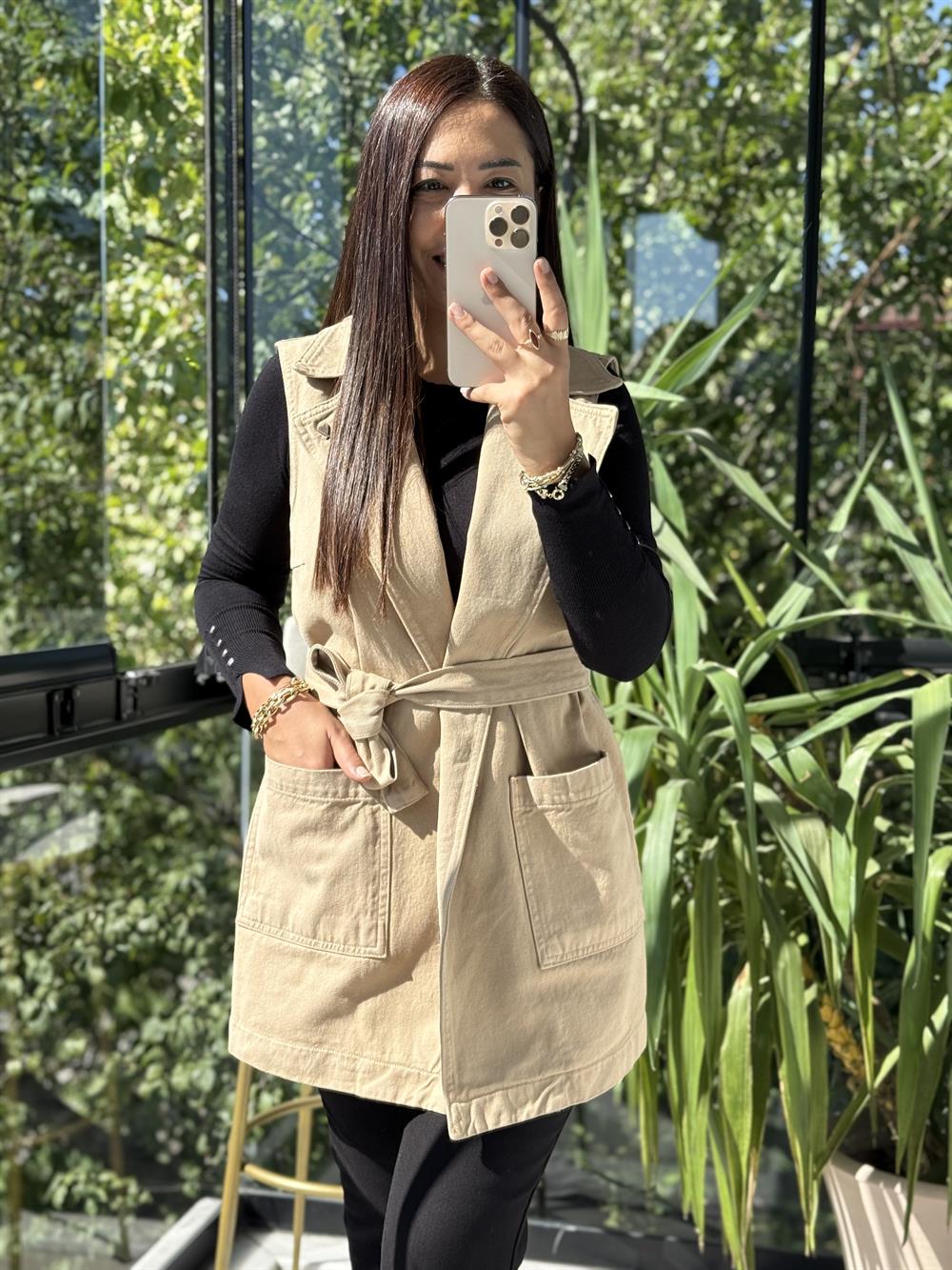 Kuşaklı Kruvaze Yaka Yelek Camel