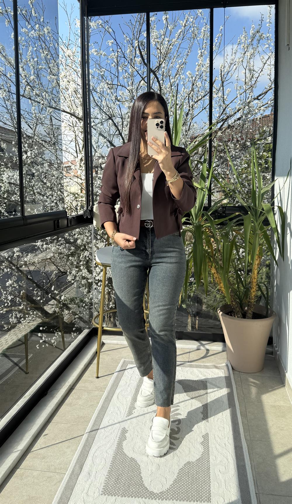 Uzun Kol Fiyonklu Blazer Ceket Kahve