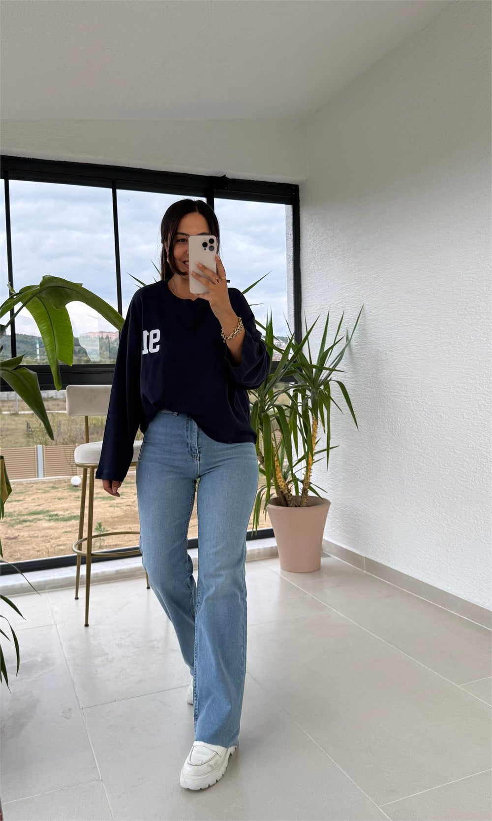 91 Baskılı Basic Sweatshirt Lacivert