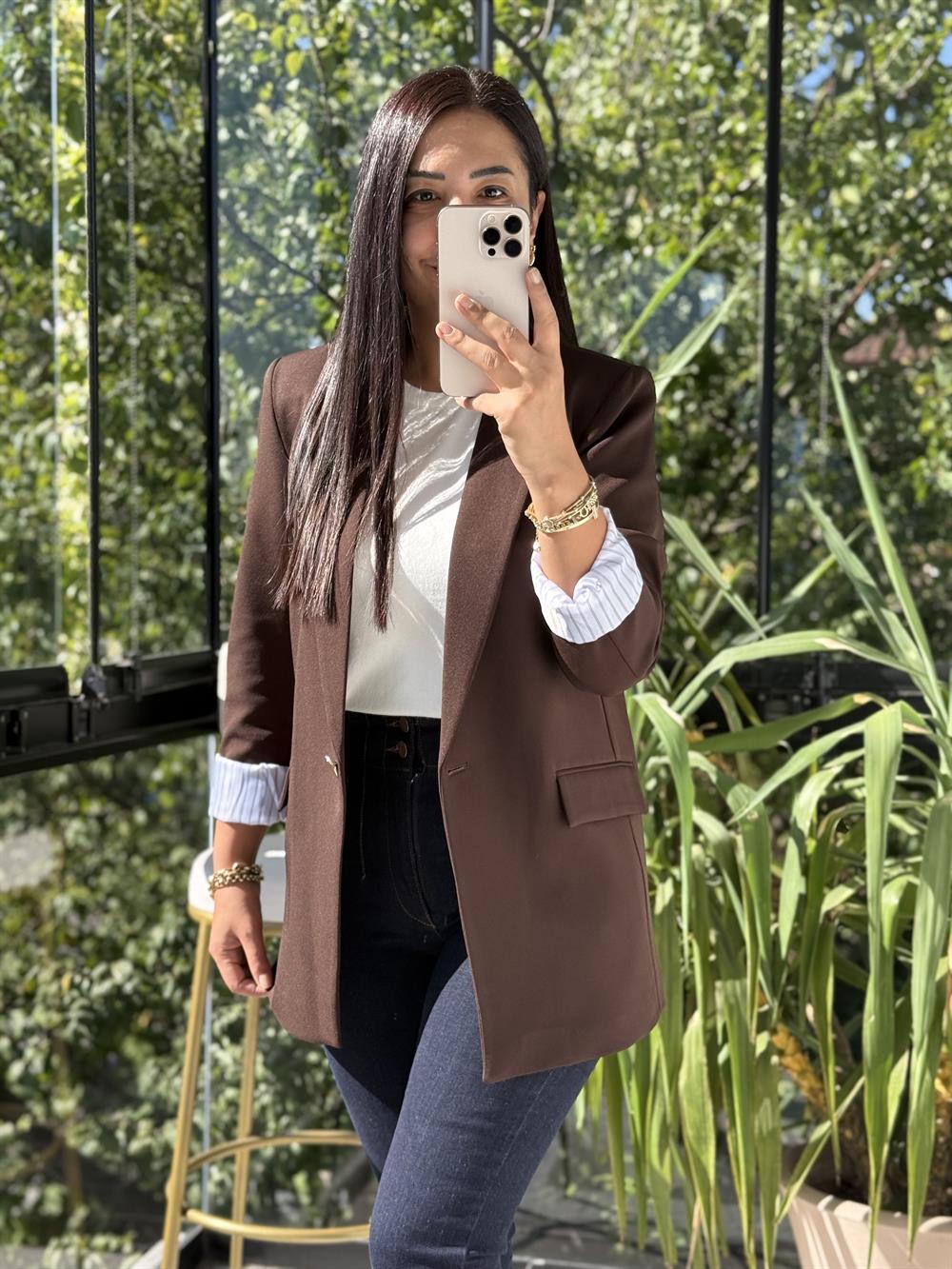 Kol Astarı Garnili Tek Düğme Blazer Ceket Kahve