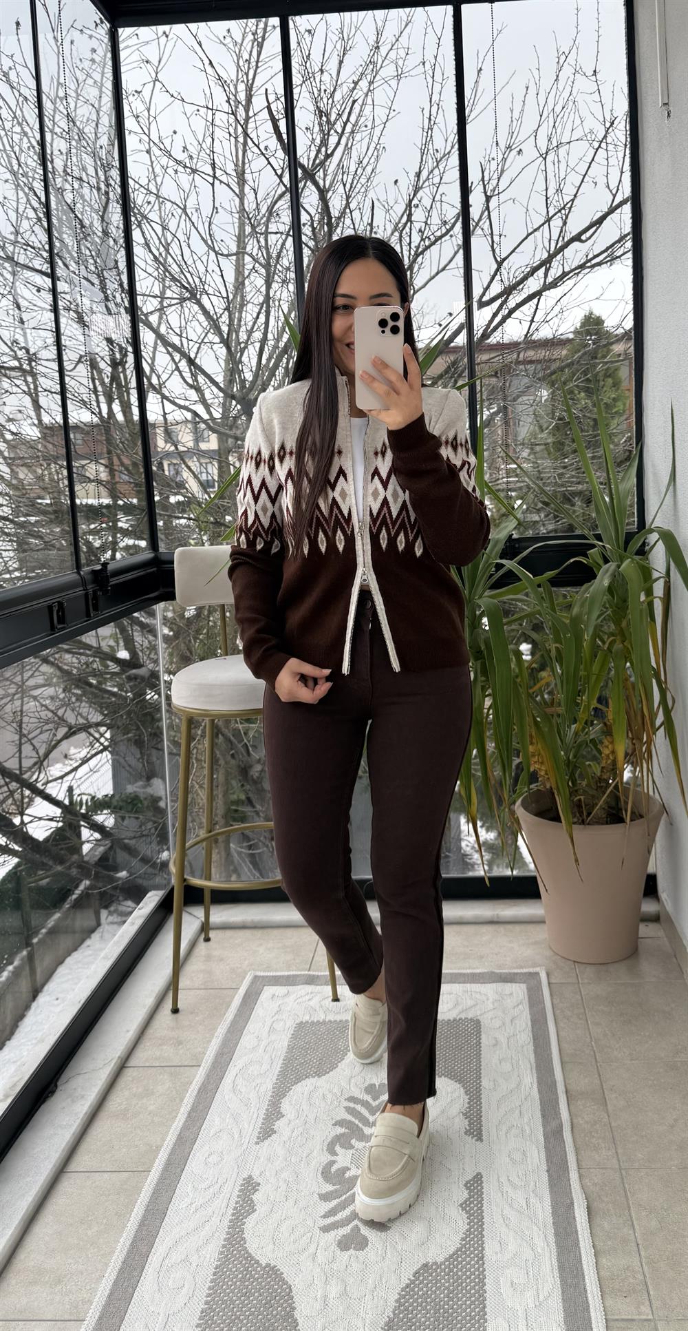 Geometrik Desenli Çift Fermuarlı Hırka Kahve