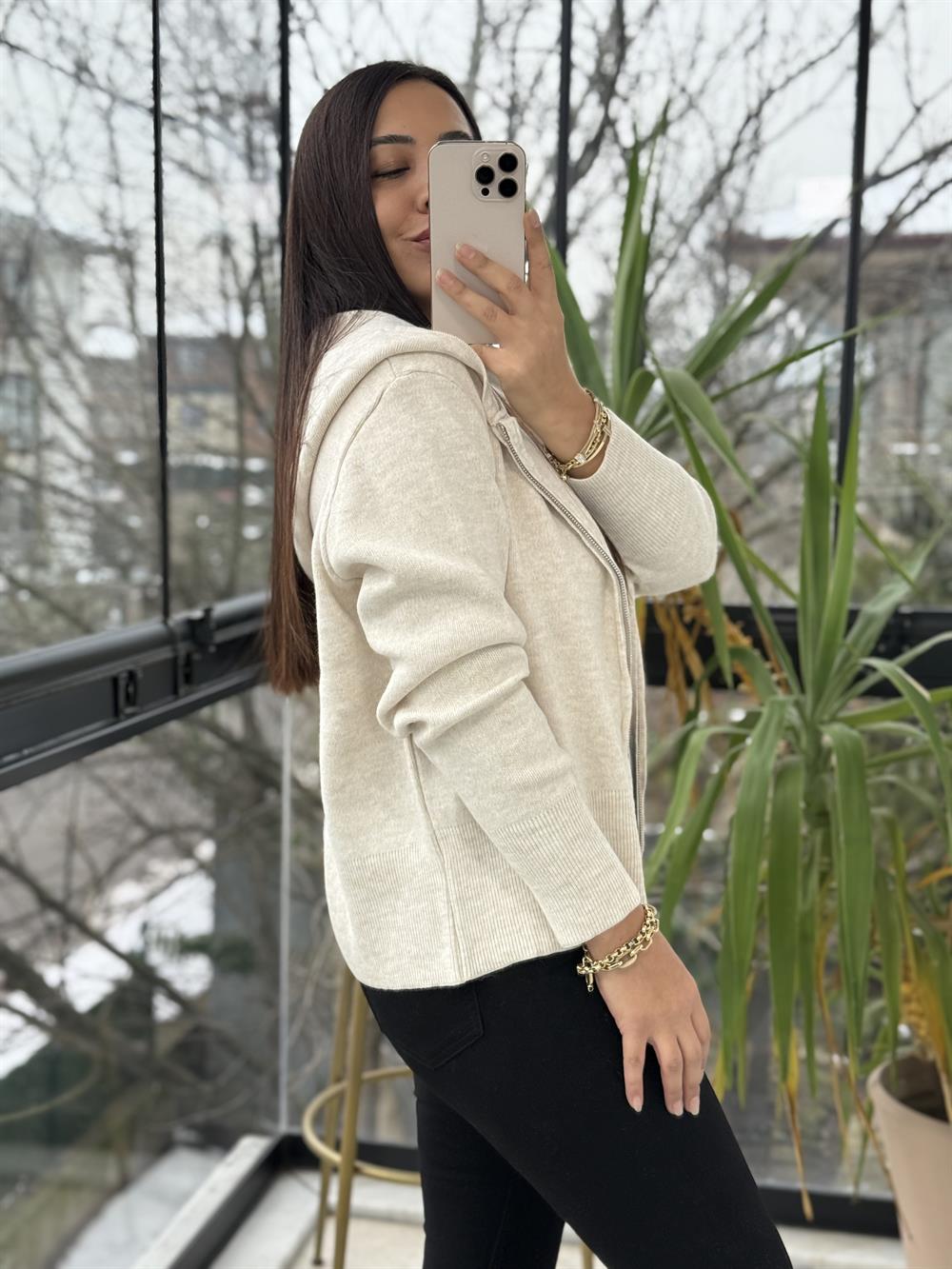 Çift Fermuarlı Kapüşonlu Yumoş Basic Hırka Krem