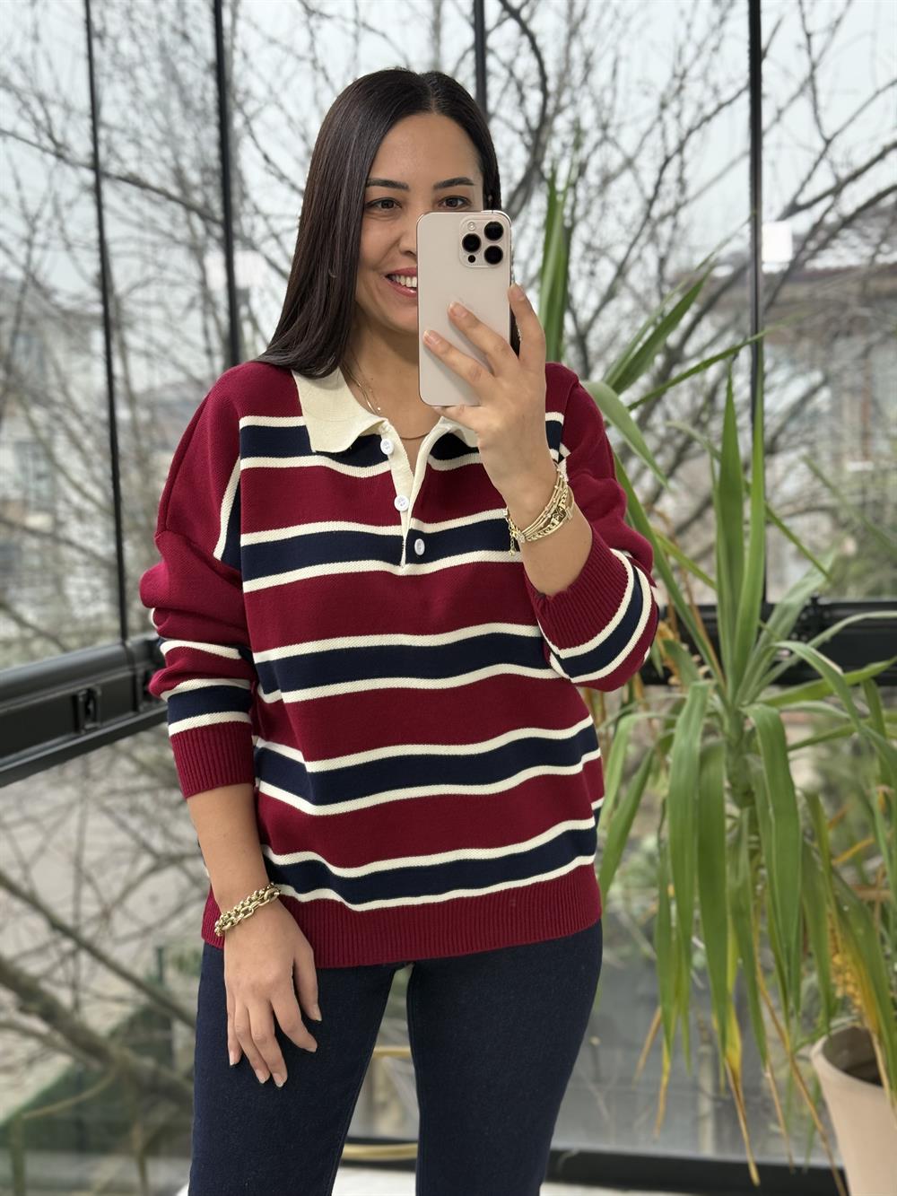 Polo Yaka Çizgili Triko Kazak Bordo