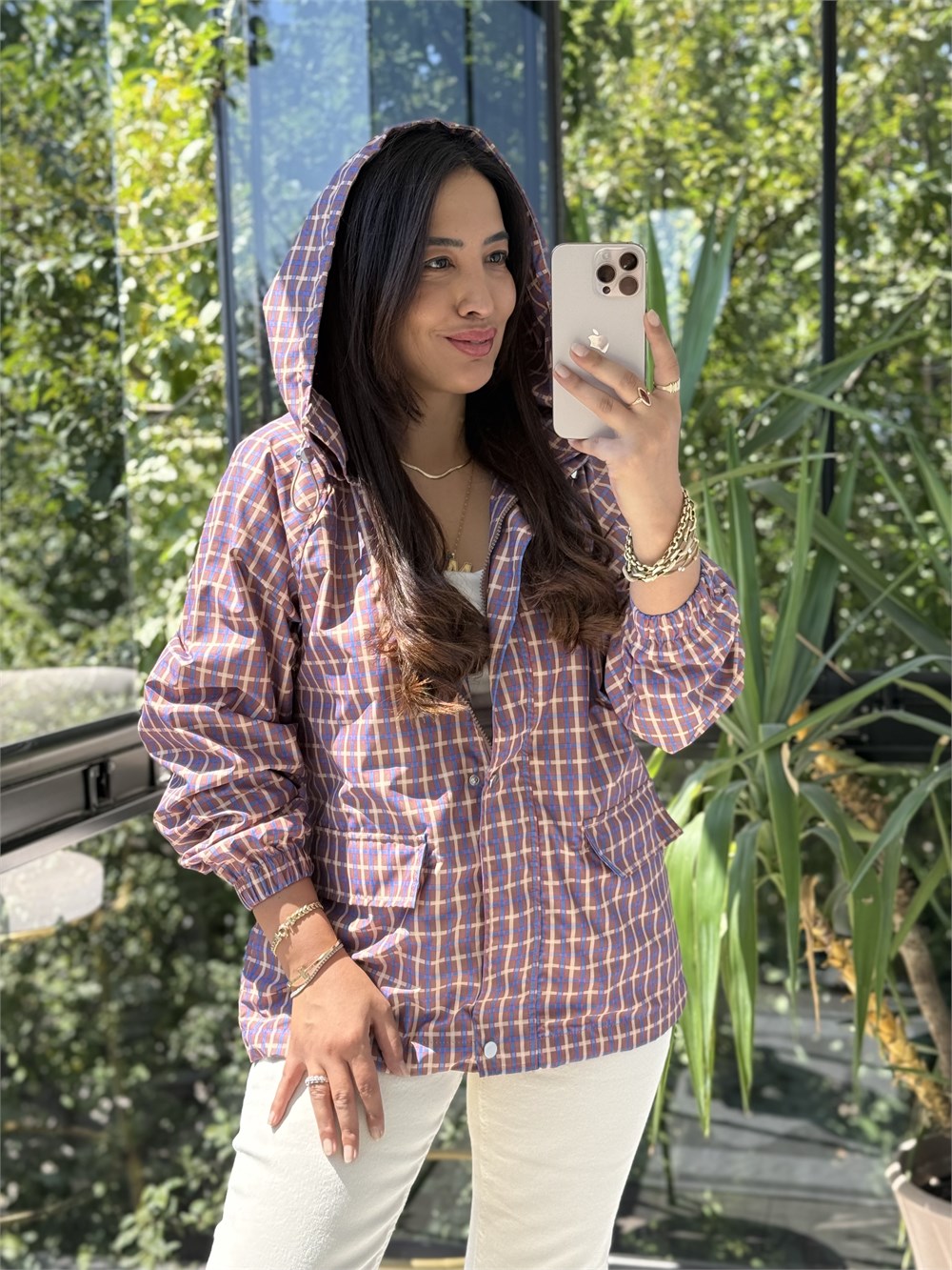 Ekoseli Oversize Yağmurluk Kahve