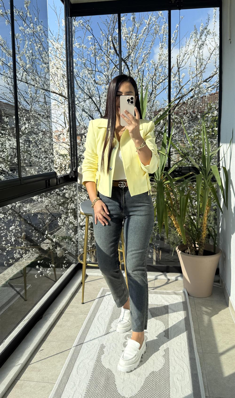 Uzun Kol Fiyonklu Blazer Ceket Sarı