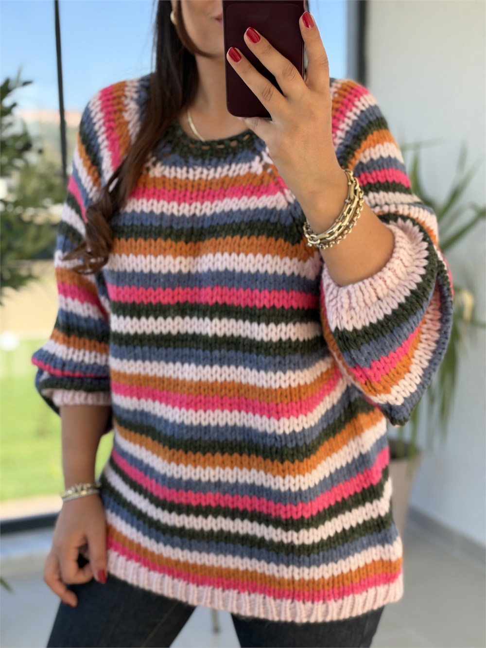 Çok Renkli Triko Kazak Pembe